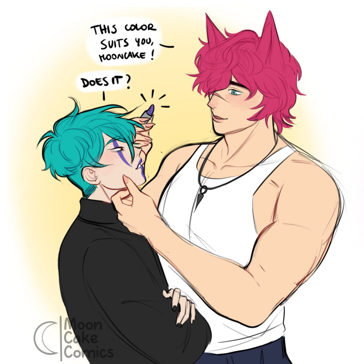 MoonCakeComics's tweet photo. Aphelios wants to know if the new lipstick is waterproof and Sett is there to help!
What do you guys think? 👀💜
I'll let you find out.. 🌠
https://t.co/iAPmigrSek
#settphel #aphelios #sett #apheliosweek #LeagueOfLegendsFanArt https://t.co/G36htTRy77