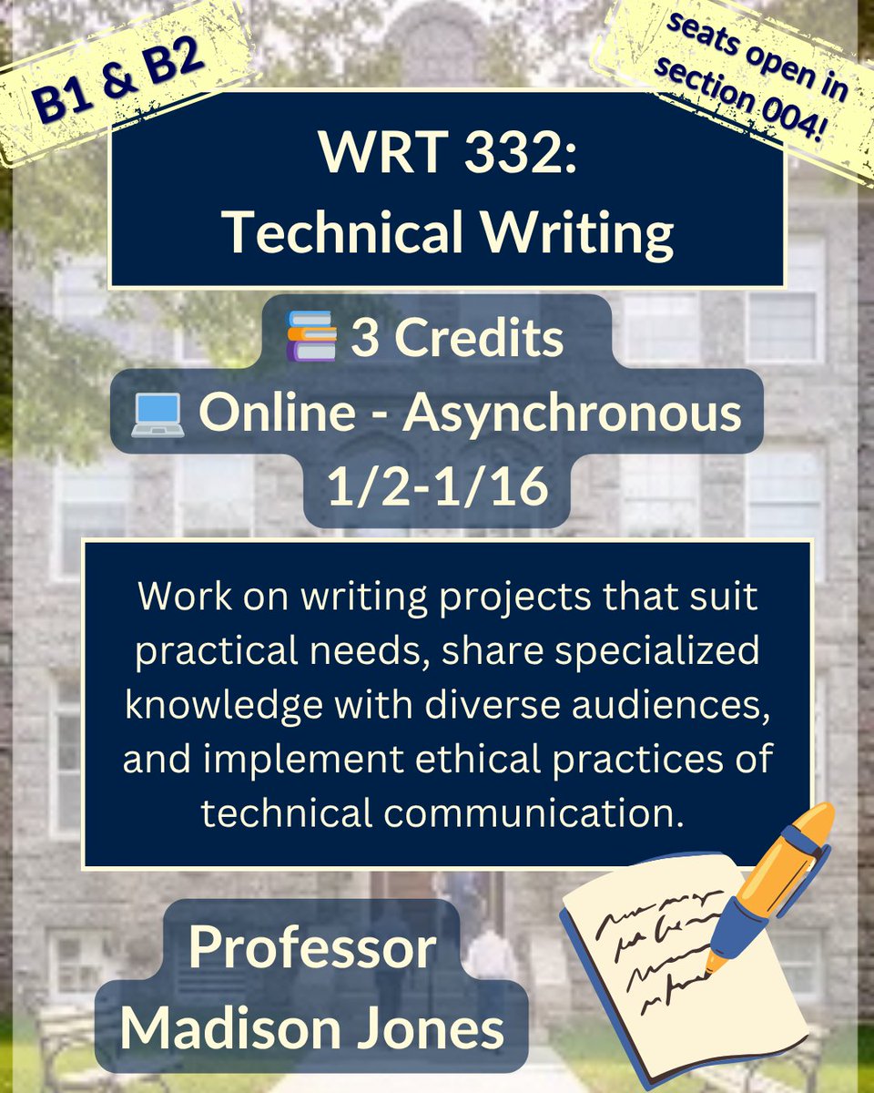 URIWinterJTerm's tweet photo. 📝��WRT 332: Technical Writing has seats available in section 004 for this Winter J Term! ❄️

From practical writing tasks to specialized communication, this course builds the tools you need to write with confidence and impact. ✨

💻 Online Asynchronous | 🗓️ January 2–16 | 📚 3 Credits

#URI #EnrollNow #Registration #WinterJTerm #Writing