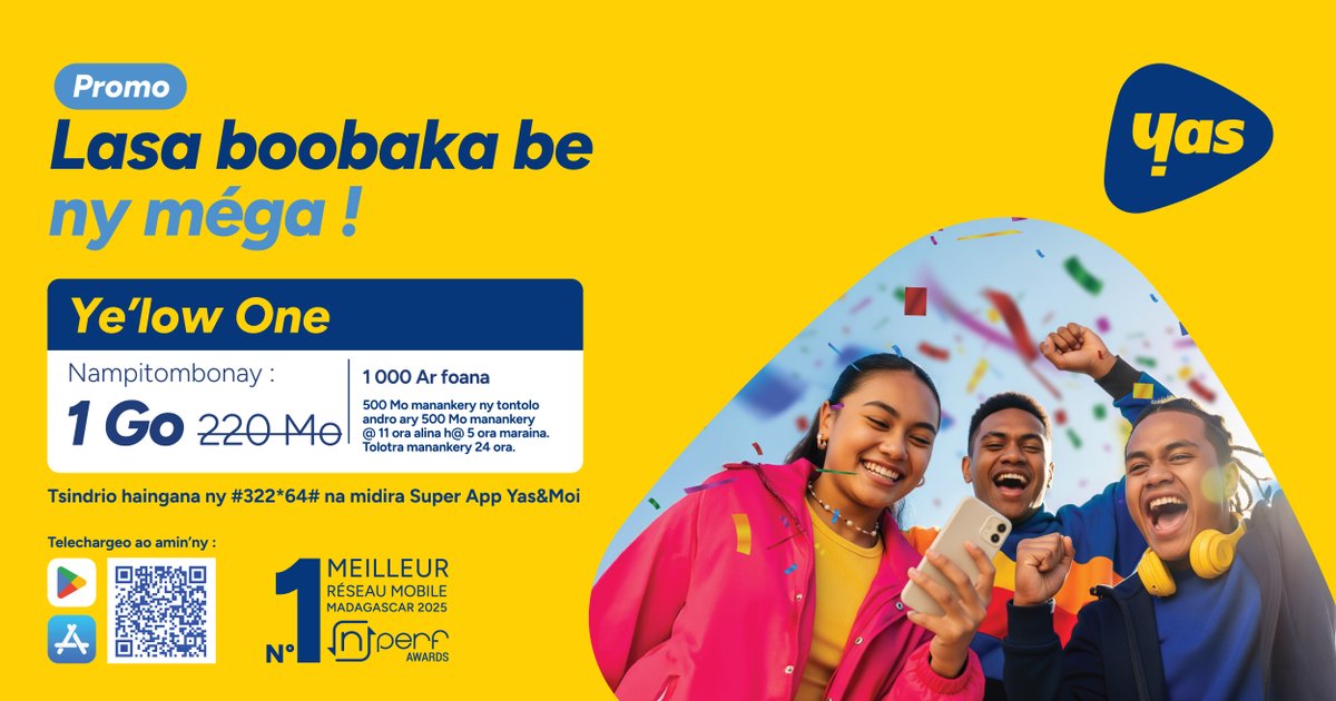 TOLOTRA YE'LOW ONE 1 GO

Lasa bobaka be ny méga ! Raha 220Mo izy teo aloha dia lasa 1 Go @ izao !

🔋 500 Mo manan-kery tontolo andro, ary 500 Mo azonao ampiasaina manomboka @ 10 ora alina hatramin’ny 5 ora maraina.

💰 Vidiny 1 000 Ar foana, tsindrio ny #322*64#

#NdaoFaLera