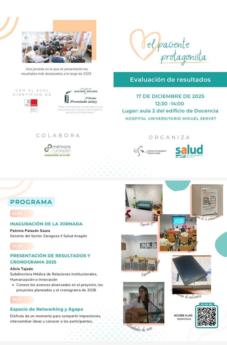 AsemAragon's tweet photo. 🏥 @AsemAragon asiste a la jornada de resultados de El Paciente Protagonista 2025 del H. Universitario Miguel Servet #zaragoza en el que participamos en el mes de febrero. ✍️También se ha conocido el cronograma de sesiones previsto para 2026. #pacienteprotagonista https://t.co/Jve9RR6vrh