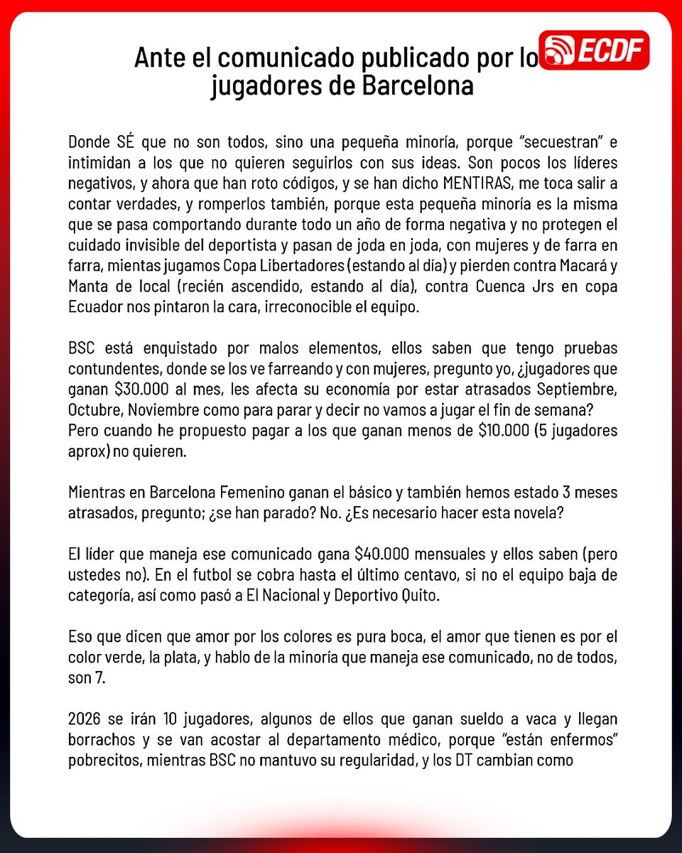 ElCanalDFutbol's tweet photo. "BSC ESTÁ AFECTADO POR MALOS ELEMENTOS; EN 2026 SE IRÁN 10 JUGADORES" 🚨😱

Antonio Álvarez, presidente de Barcelona SC, respondió al plantel luego de que los jugadores decidieran no entrenar por valores pendientes.

📌 Además, señaló que el cuadro amarillo afrontará el partido ante IDV con juveniles, un encuentro clave que podría definir el ingreso a la fase de grupos de la Libertadores 2026.