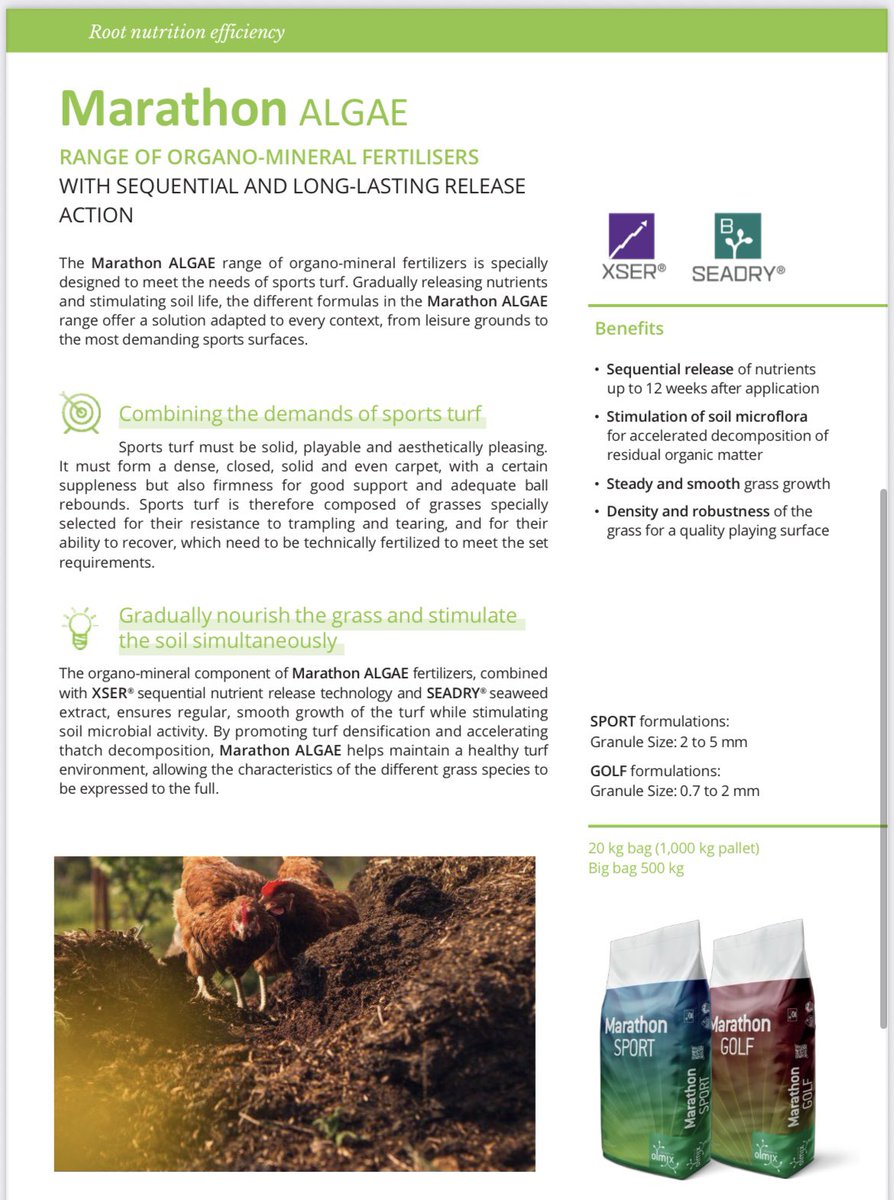 GolfGeek6's tweet image. @olmixgroup organo-mineral fertilisers with sequential and long-lasting release action.

Our range of organo-mineral fertilisers is specially designed to meet the needs of sports turf. Gradually releasing nutrients and stimulating soil life for the most demanding sports surfaces