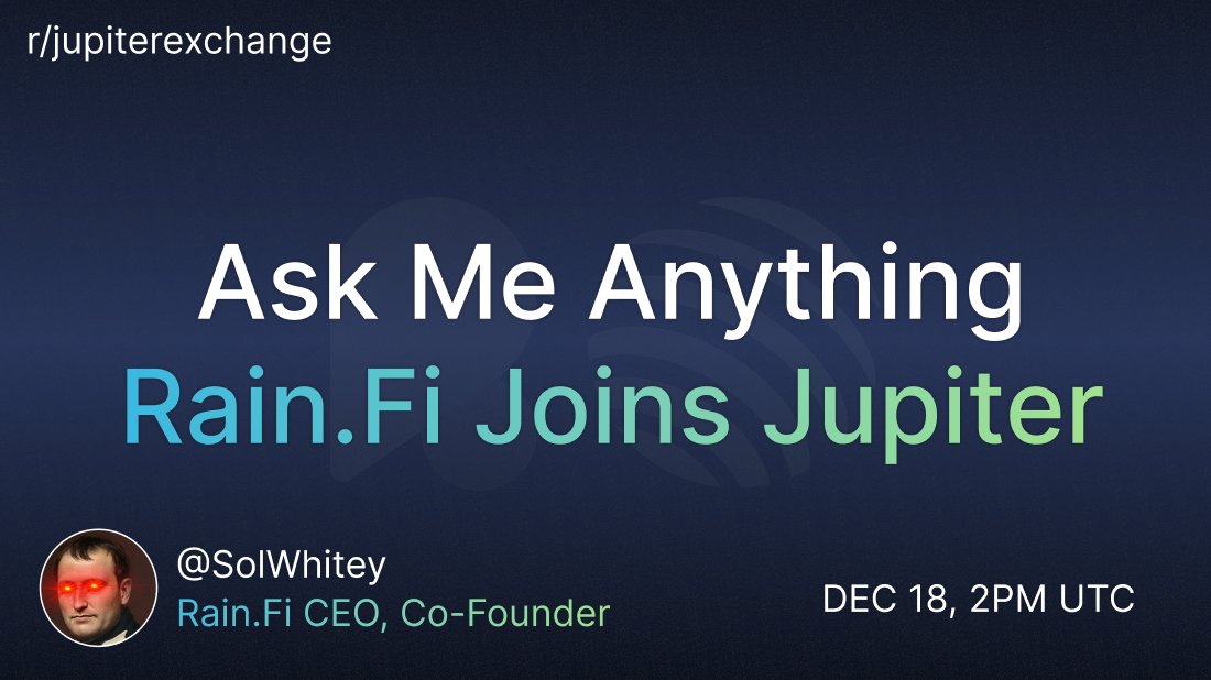 After 3 amazing years of P2P lending innovation

RainFi joins Jupiter to accelerate onchain lending with Offerbook

Learn about it all tomorrow w/ CEO and Co-Founder, <a href="/solwhitey/">Whitey</a> 

- DEC 18, 2PM UTC
- Live on Reddit r/jupiterexchange
- We'll drop rewards live

Hop in early now 👇