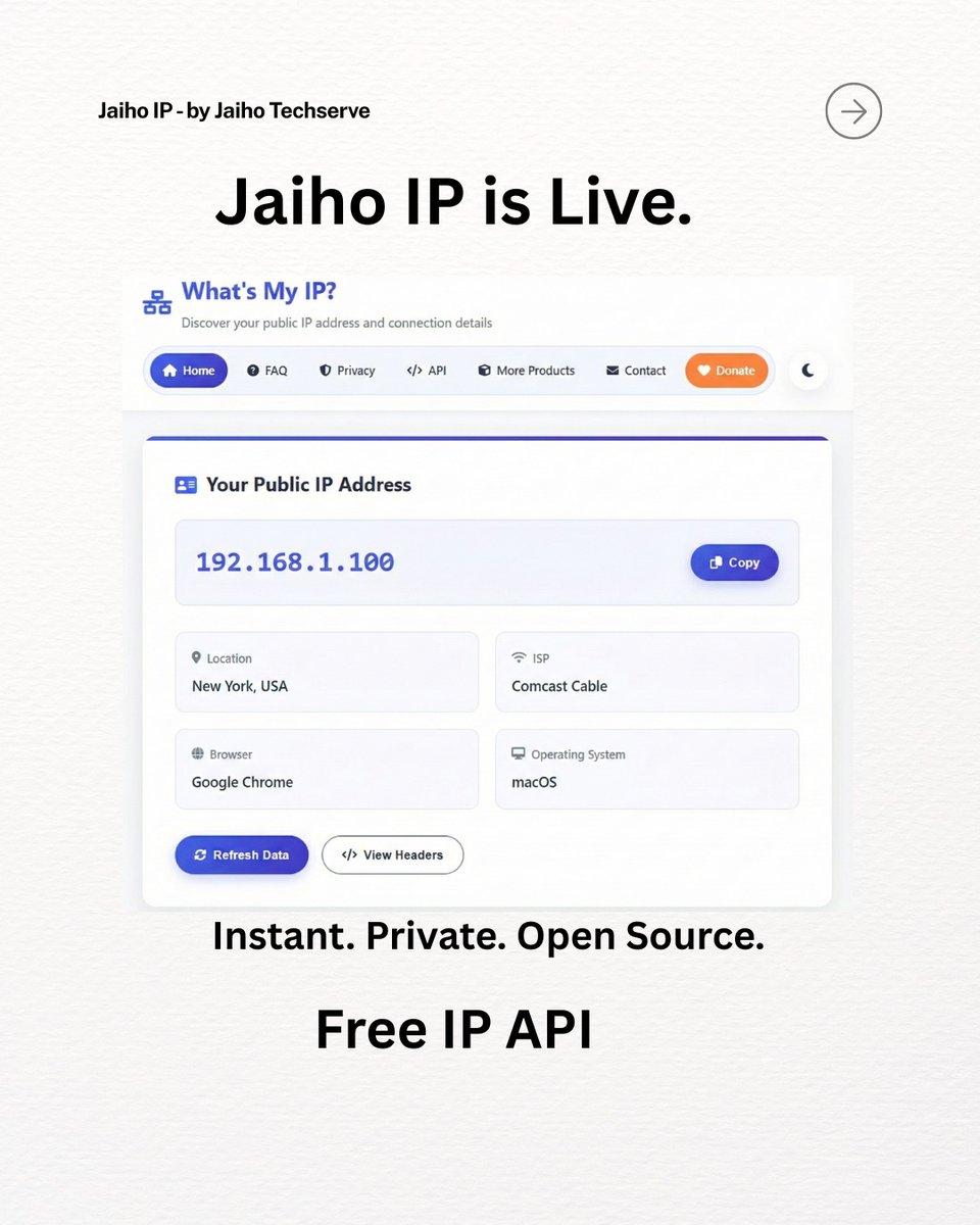 arshvir3972's tweet image. I just built a privacy-first IP tools and API and it's free. It includes various features for both developers and general users. For developers, there are varities of features. New features are arrived soon :)
#api #privacy #open_source  #ip #ip_api 
Link: jaiho-ip.vercel.app