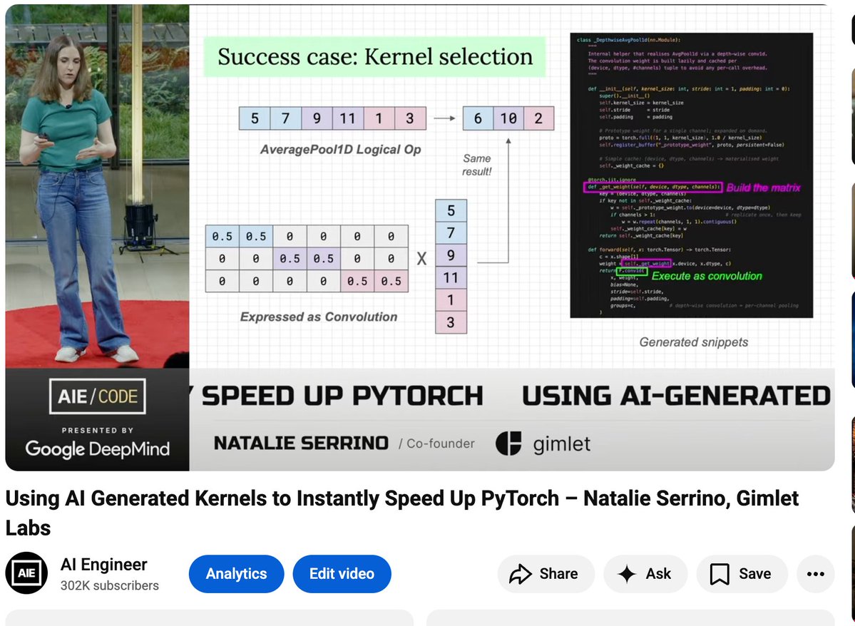 本日は最も技術的な講演を 2 つ公開します - @nserrino によるカーネル コード生成と @jacob_d_kahn による Meta からのコード ワールド モデル
ほとんどの人はカーネルを手書きすることは決してありませんが、こ