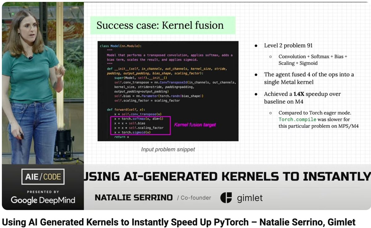 本日は最も技術的な講演を 2 つ公開します - @nserrino によるカーネル コード生成と @jacob_d_kahn による Meta からのコード ワールド モデル
ほとんどの人はカーネルを手書きすることは決してありませんが、こ