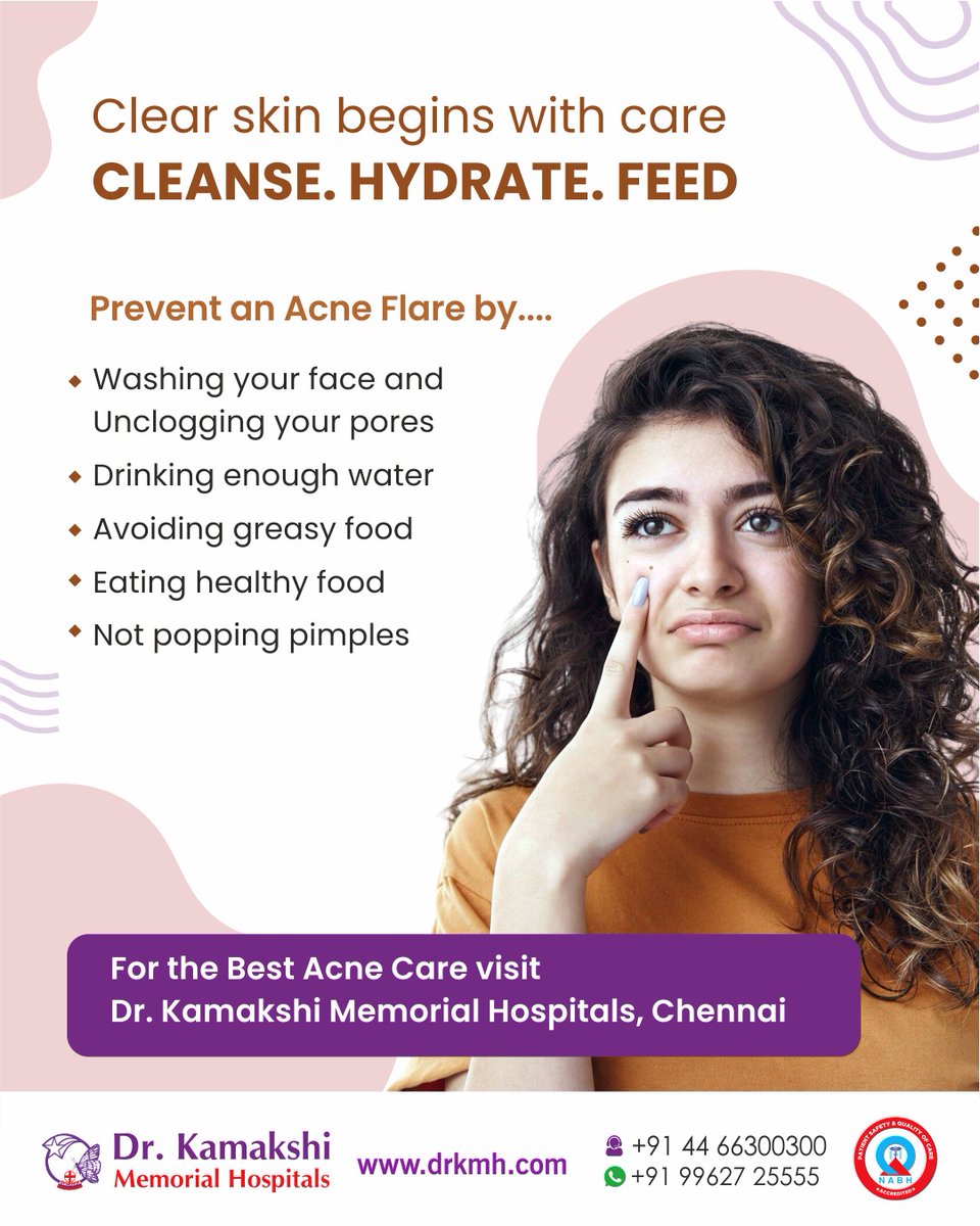 drkmhpvtltd's tweet image. Acne can worsen due to excess oil, hormones, pollution, and poor habits. Gentle cleansing, healthy food, hydration, and not popping pimples help keep skin clear.
For expert acne care, visit Dr. Kamakshi Memorial Hospitals, Chennai.
#AcneCare #ClearSkin #SkinHealth #Chennai