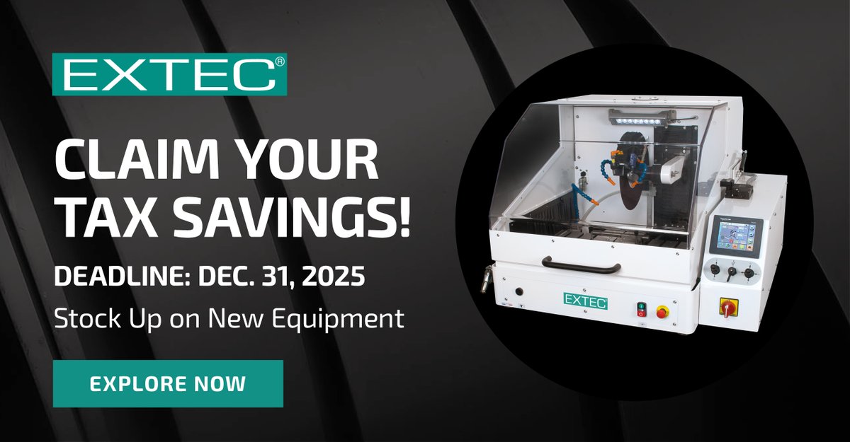 ExtecCorp's tweet image. Does your lab qualify for a tax deduction? Section 179 and 100% bonus depreciation make 2025 ideal for equipment investments. 

Explore #Extec Equipment: extec.com/index.php

See Tax Details: shorturl.at/5d8AM

Place equipment in service by Dec 31.

#Composites
