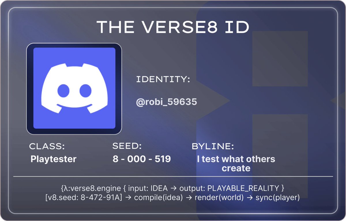 Officially plugged into the AI-native creation layer!

Claimed my Verse8 ID → discord.gg/verse8-official

Fully on-chain, fully mine, only on <a href="/verse_eight/">Verse 8 | Why Code, Just Verse 8</a>