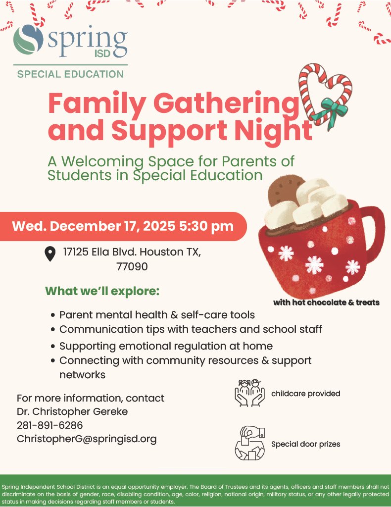 SpringISD's tweet image. Tonight’s the night!
Join us at 5:30 p.m. for Spring ISD’s Special Education Parent Connections Night — a warm, supportive gathering for families.
📍 17125 Ella Blvd.
@SISD_CoA
#SpringISD