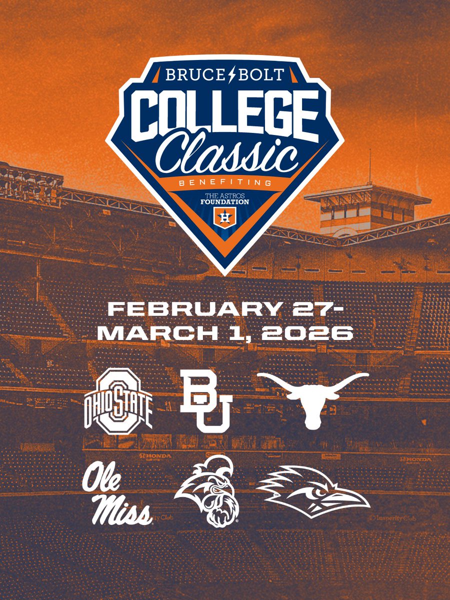 astros's tweet image. Get ready H-Town, 2026 @bruceboltus College Classic will be here before you know it!

Secure your spot today, ticket sales are now live!

🎟️: astros.com/collegeclassic