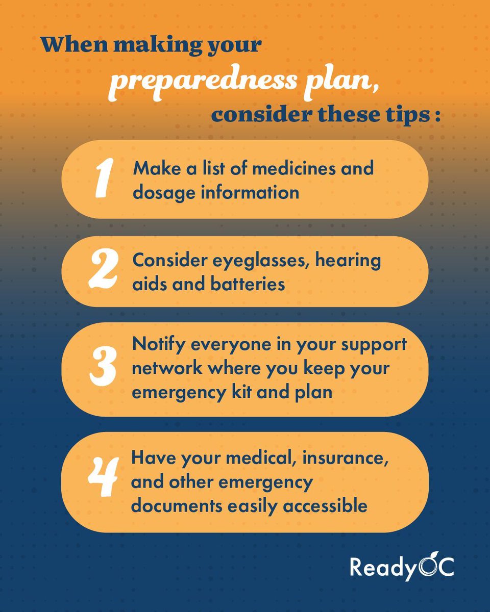 ‼️ Seniors, are you prepared for an emergency? ‼️

The holiday season 🎁🎉 brings unpredictable weather, which could cause unexpected
emergencies. When making a preparedness plan 📝 consider these tips ⤵️

1️⃣ Make a list of medicines 💊 and dosage information
2️⃣ Consider