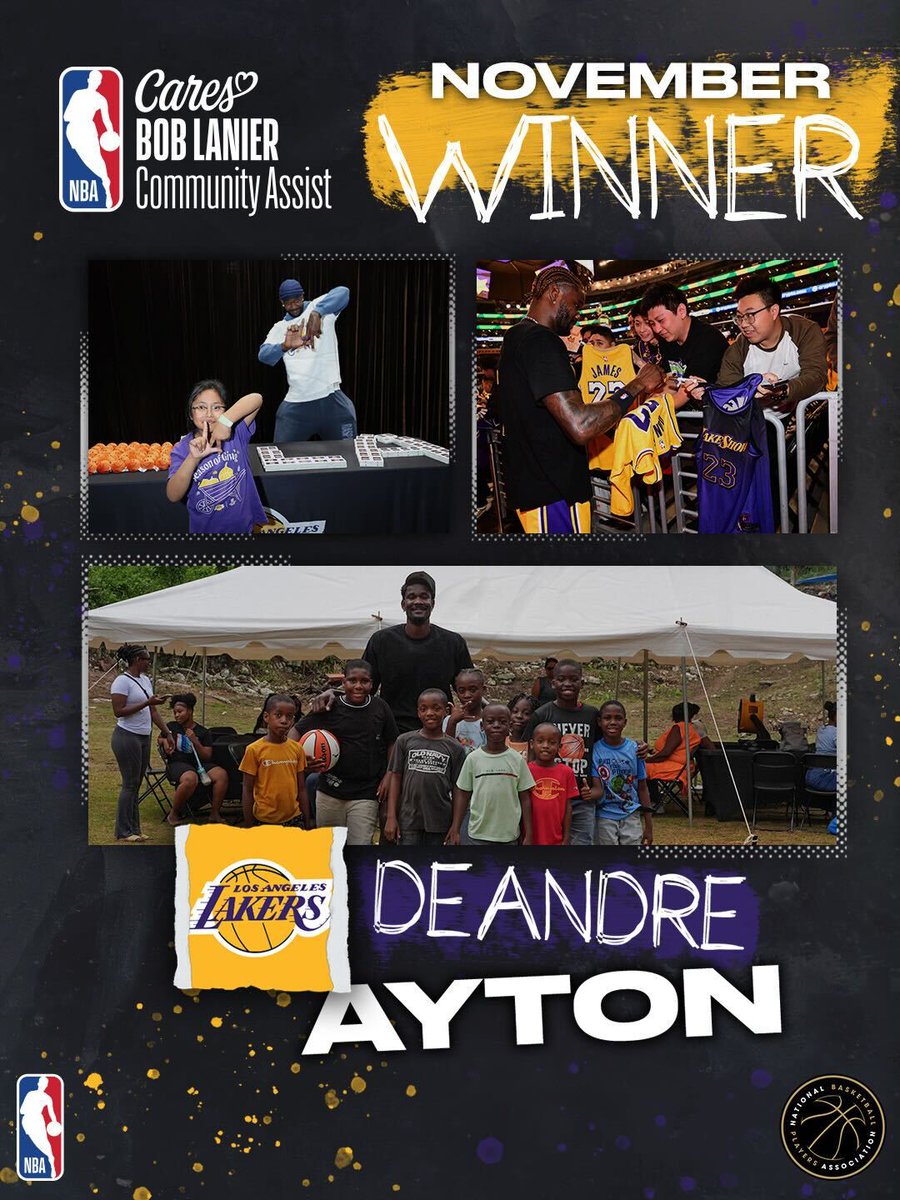 nbacares's tweet photo. Los Angeles Lakers center Deandre Ayton has been named the NBA Cares Bob Lanier Community Assist Award winner for November.  

Ayton is being recognized for his leadership in spearheading hurricane relief efforts in Jamaica and creating programs that promote food access and cultural equity among underrepresented youth in Los Angeles.

Learn more about Deandre's efforts: https://t.co/THIKwPlqtM