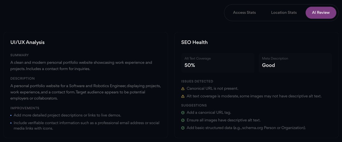 honour_can_code's tweet image. For the fun of it!
We added an AI Review to every project hosted on @pxxl_space , so it gives you hint and improvements on your UI and UX too.