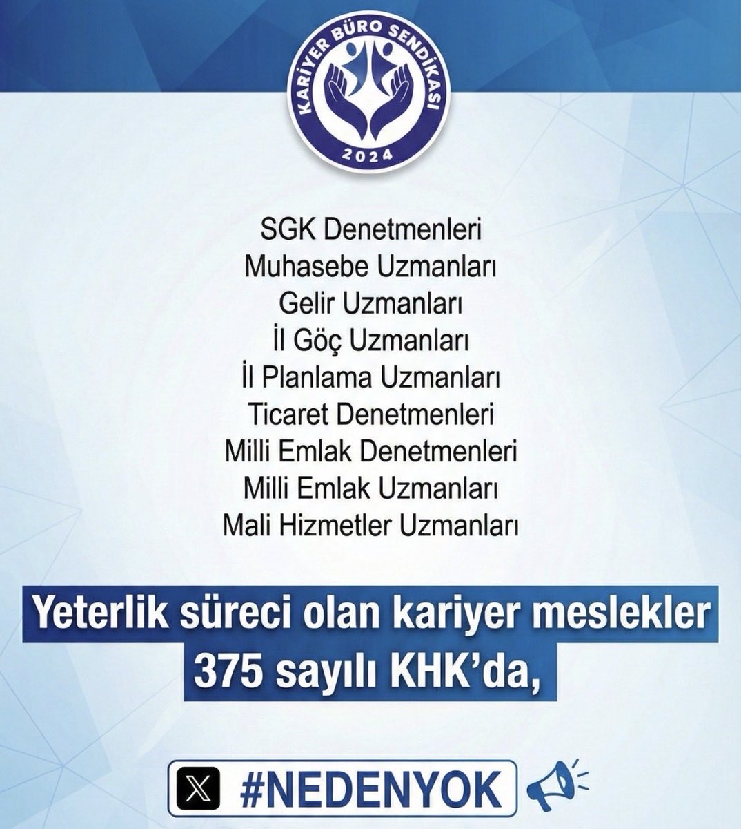 <a href="/KariyerBuroSEN/">Kariyer Büro-SEN</a> Kanunda sayılan kariyer mesleklerden sadece bazılarının sistematik olarak kariyer meslekler için yapılan her düzenlemede kapsam dışı bırakılması adalet duygusunu zedelemektedir.

<a href="/RTErdogan/">Recep Tayyip Erdoğan</a> <a href="/_cevdetyilmaz/">Cevdet Yılmaz</a> <a href="/avabdullahguler/">Abdullah Güler</a> <a href="/mustafaelitas/">Mustafa Elitaş</a> <a href="/mehmedmus/">Dr. Mehmet Muş</a>