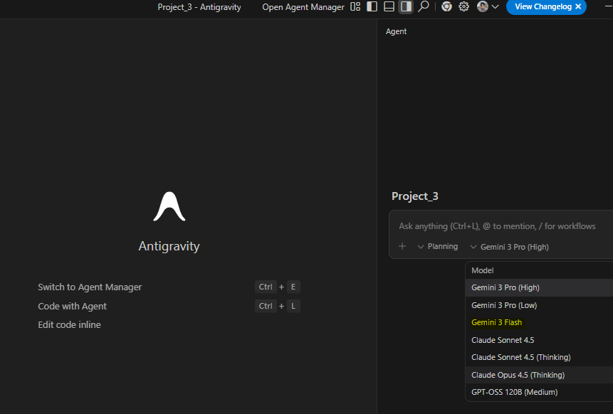 Antigravity model selector