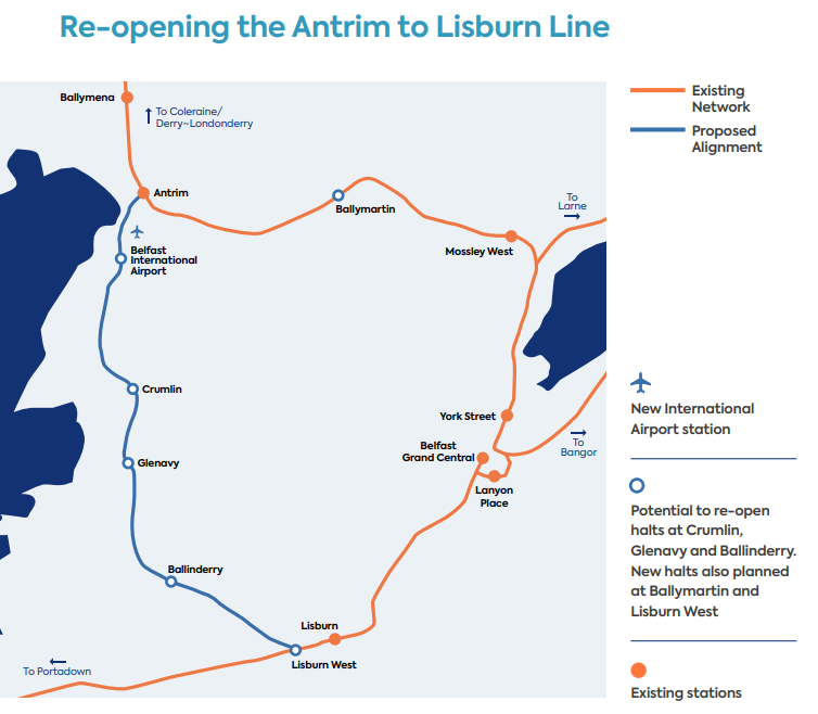 DarranMarshall's tweet photo. Re-opening the Antrim to Lisburn Line

It is expected that services would operate from Belfast Grand  Central Station via Lisburn, with up to 3  trains per hour in each direction

Demand forecasting indicates a potential  1 million additional journeys per annum. https://t.co/aXcEXyXX8U