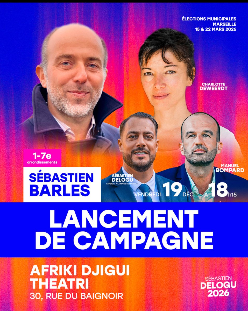 ✅ RDV vendredi 18h15 pour le lancement de la campagne du 1/7 «Marseille fière et populaire» avec <a href="/sebastiendelogu/">Sébastien DELOGU</a> notre tête de liste et <a href="/mbompard/">Manuel Bompard</a> notre député.

Il est temps de rendre le pouvoir aux marseillais.es dans notre cœur de ville! ✊🍀

On compte sur vous! 🙏