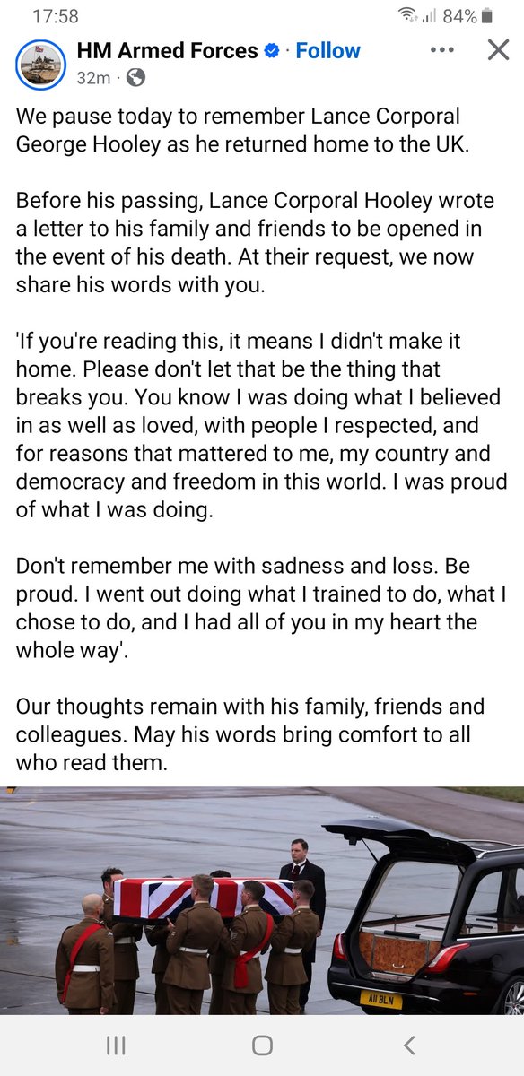 JohnNicholRAF's tweet image. "If you are reading this, it means I didn't make it home."
Words many of us have written in that 'last letter' we hope will never be delivered.
Welcome home for the final time L/Cpl Hooley.
Thank you for your service.
Thoughts &amp;amp; prayers with your loved ones.