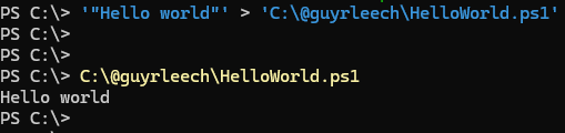 guyrleech's tweet image. #PowerShell 1 liner to write "Hello World" PowerShell script - useful for testing, etc

'"Hello world"' &amp;gt; C:\@guyrleech\HelloWorld.ps1