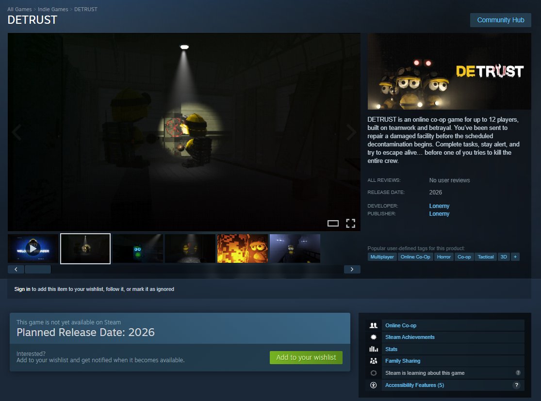 Lonemyy_'s tweet photo. FINALLY!! 💛🤍 

We’re excited to announce that our game DETRUST now has a live Steam wishlist page! 

From now on, you can add our game to your WISHLIST!  

Thank you in advance!  

https://t.co/ClGtl8MV0w

#wishlist #steam #gamedev #indie #coop #horror #detrust https://t.co/sr9n5fmKWu
