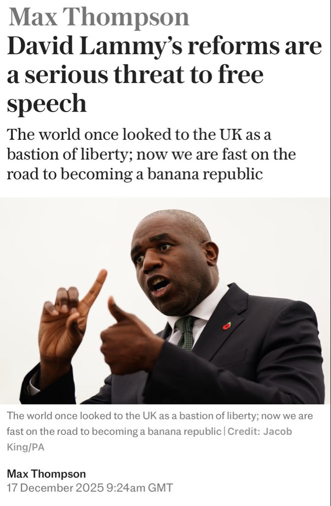 SpeechUnion's tweet image. “The world once looked to the UK as a bastion of liberty; now we are fast becoming a banana republic.”

David Lammy’s plan to all but abolish trial by jury represents the biggest assault on English liberty — particularly free speech — in over 800 years.

If Lammy gets his way,…