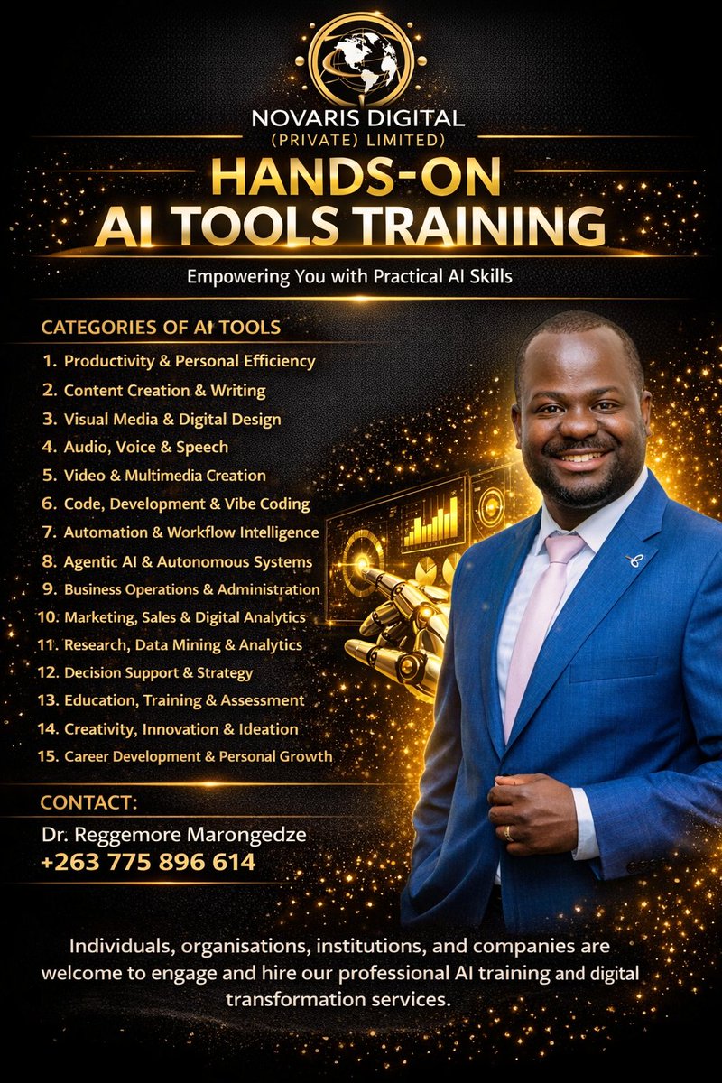 We proudly serve individuals, organisations, institutions and companies seeking world-class AI training and digital transformation solutions. #AItotheworld <a href="/PedzisaiRuhanya/">Pedzisai Ruhanya</a> <a href="/GadzikwaW/">Wellington Gadzikwa</a> <a href="/ProfJNMoyo/">Prof Jonathan Moyo</a> <a href="/dhnow/">DigitalHumanitiesNow</a> <a href="/DHDefined/">DH Defined</a> <a href="/SympaeMasix/">Simbai Masikinye</a> <a href="/SADiLaR_ZA/">SADiLaR</a>