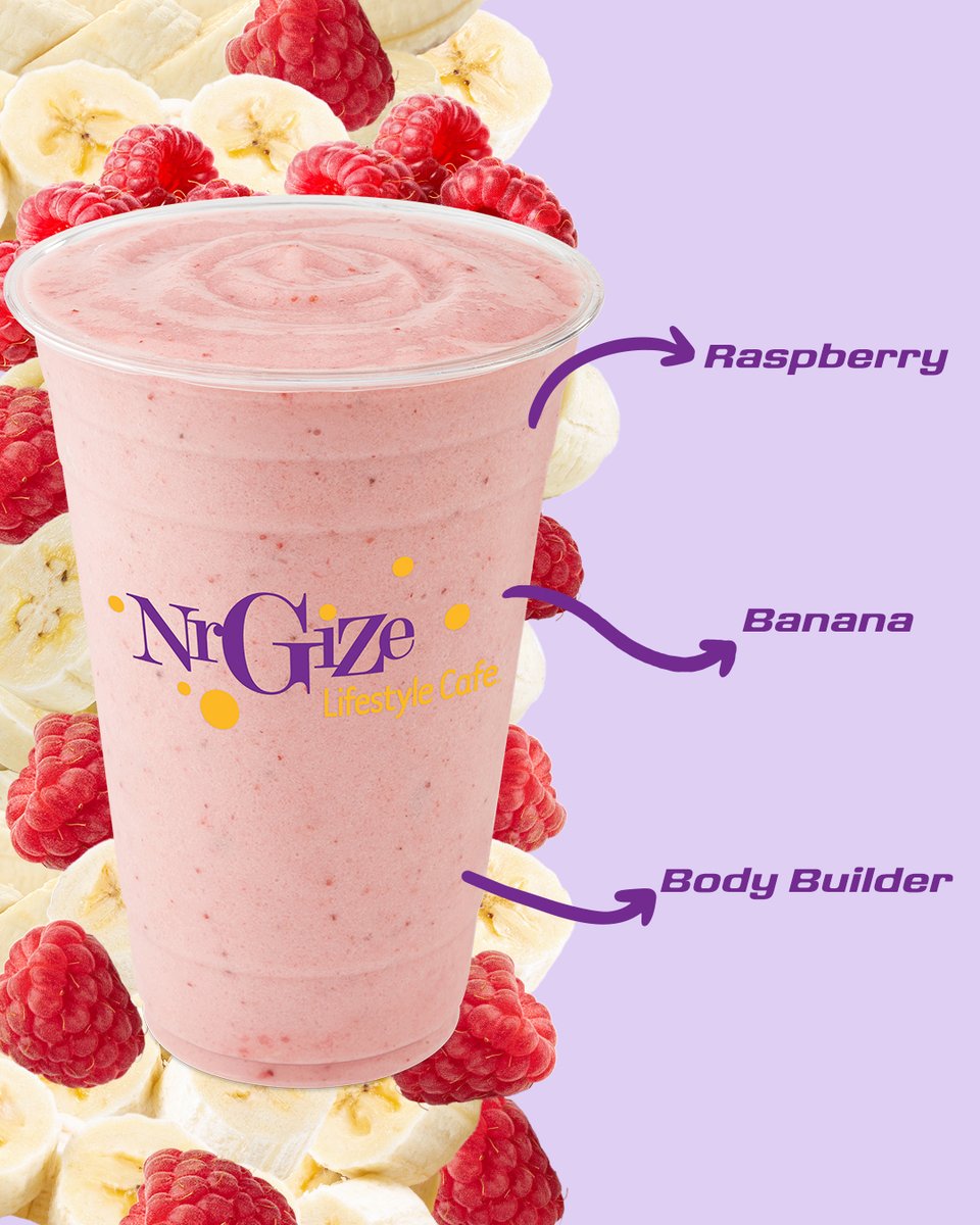 ‘Tis the season to fuel your fitness! 🎉 Order the Body Builder smoothie, a blend of raspberries and bananas boosted with our Body Builder NrGizer. 🏋️🙌