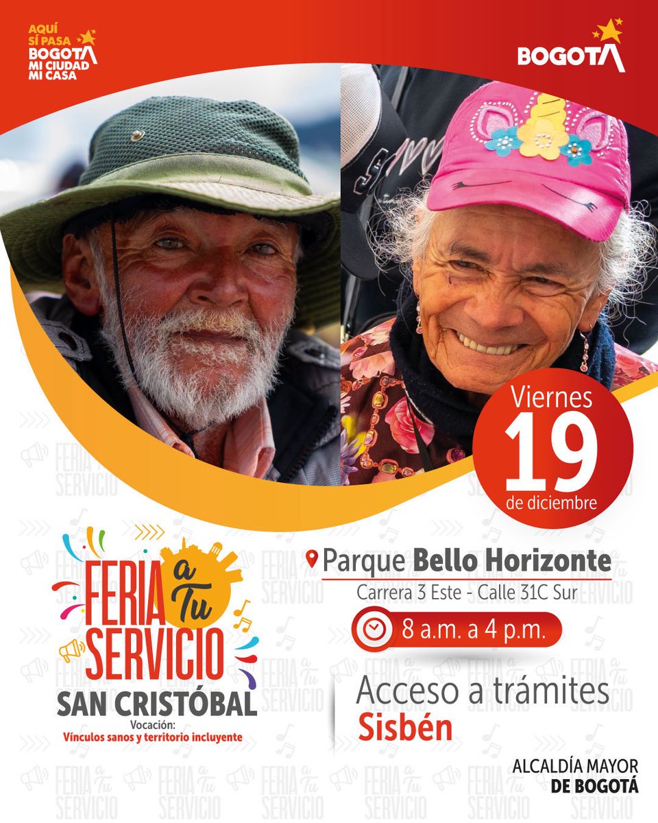 SecGeneralBog's tweet photo. ¡El Sisbén más cerca de ti!
Este viernes, ven a la #FeriaATuServicio en la localidad de San Cristóbal, Parque Bello Horizonte (Carrera 3 Este - Calle 31C Sur), en donde @planeacionbog estará atenta brindándote información y gestionando tus solicitudes Sisbén. ¡Te esperamos!✨🎪 https://t.co/dVtAaS5ClX