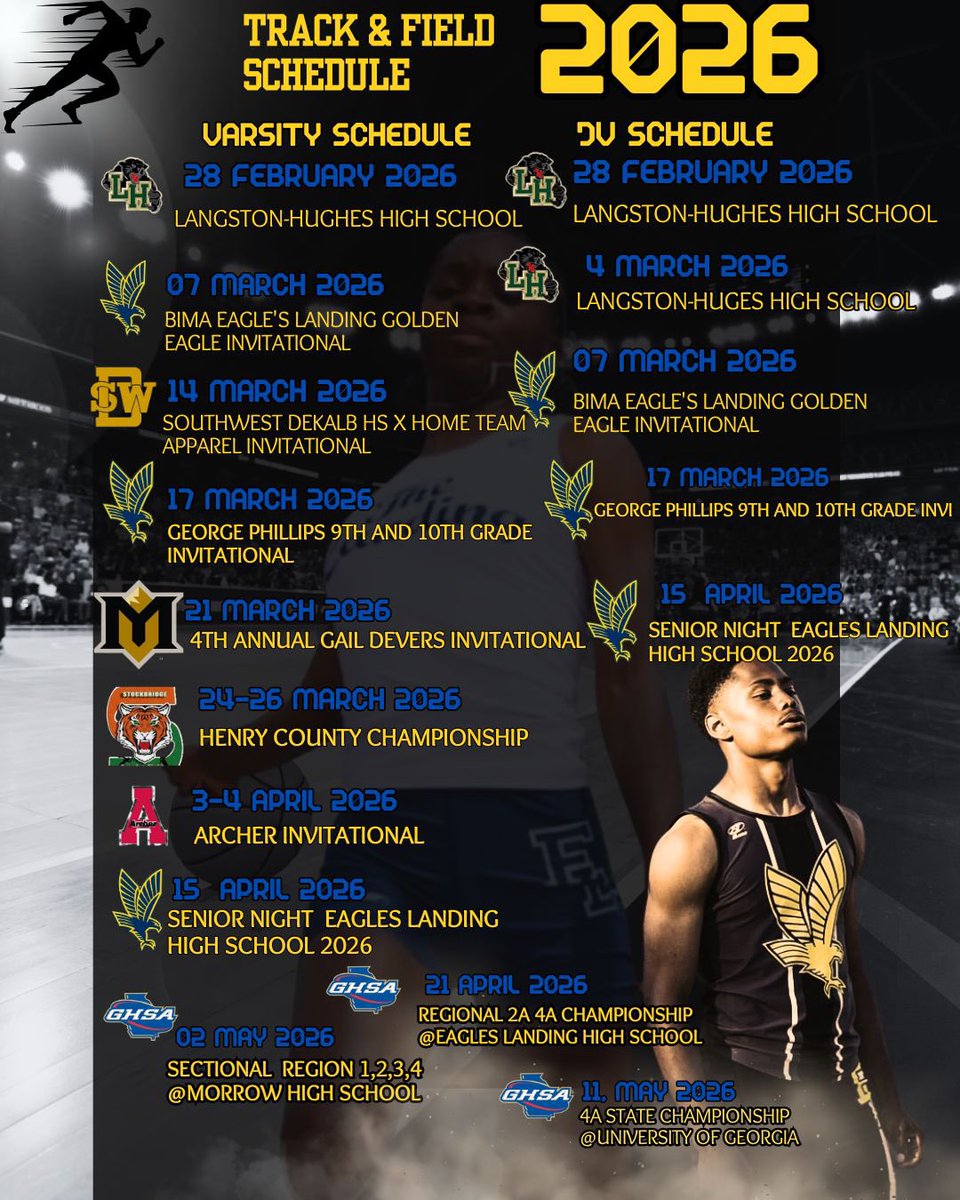 The 2025-2026  Eagles Landing TF Schedule is here🦅💙💛.

All the dates and venues you need. See you on the track for the 2025-2026 Track and Field Season🦅💙💛⌛️.

<a href="/ELHSFootball2/">ELHS_Football</a> <a href="/ELHS_HCS/">Eagle's Landing HS</a>  <a href="/EagleAthletics/">Eagle's Landing Athletics</a> <a href="/HenryCountyBOE/">Henry County Schools</a>  <a href="/JaylenNelson_/">Jaylen Nelson</a>  <a href="/LhoganVB26/">Lhogan Wright</a>