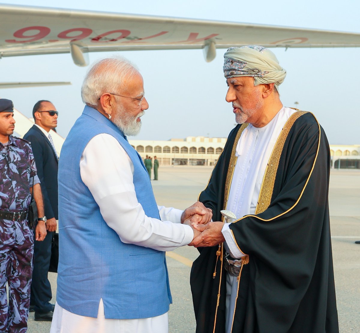 narendramodi's tweet photo. Landed in Muscat, Oman. This is a land of enduring friendship and deep historical connections with India. This visit offers an opportunity to explore new avenues of collaboration and add fresh momentum to our partnership. https://t.co/RKZ5d8M1Jf