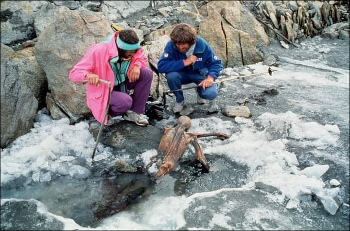 Ötzi, an ancient mummified human body that was found by a German tourist, Helmut Simon, on the Similaun Glacier in the Tirolean Ötztal Alps, on the Italian-Austrian border, on September 19, 1991.  Radiocarbon-dated to 3300 BC, the body is that of a man aged 25 to 35 who had been