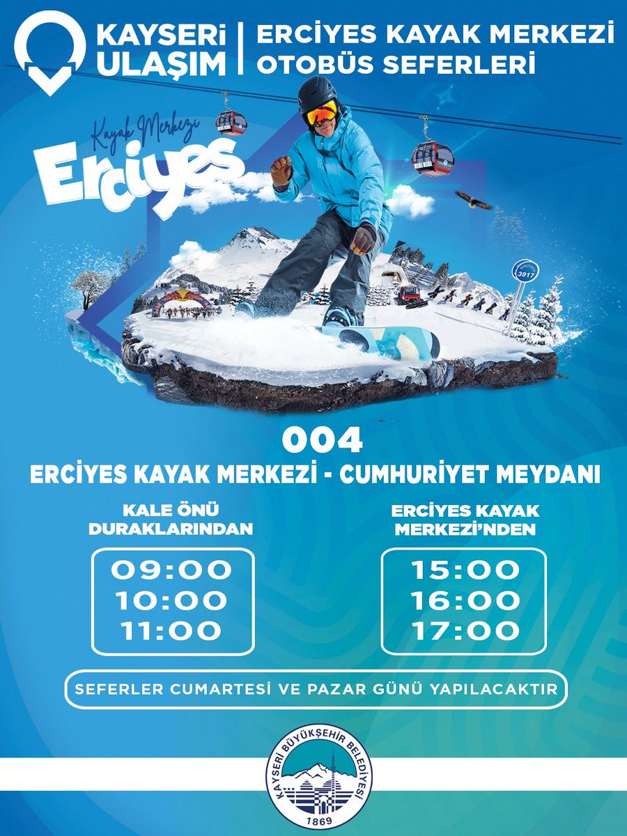Erciyes Kayak Merkezi’ne otobüs seferlerimiz başlıyor!
Cumartesi ve Pazar günleri hizmetinizdeyiz. 🚌😊⛷️🏔️