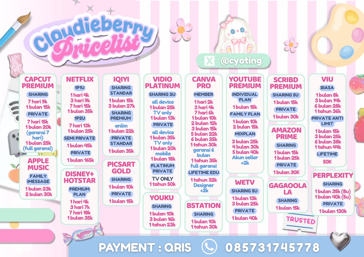 cyoting's tweet image. #zonauang 7𓂃˖｡εїз  hai kak! @cyoting ready beberapa aplikasi yang kamu butuhin nih 🐇 bisa order ke wa yang ada di pinned yaa! 💯 trusted with 1000+ testimonials 💕