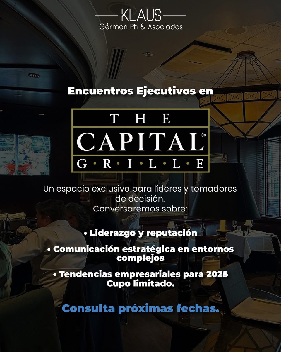 Las decisiones importantes merecen conversaciones inteligentes.

Nuestros encuentros en #TheCapitalGrille reúnen a perfiles estratégicos para analizar tendencias, liderazgo y reputación empresarial en un entorno íntimo y de alto nivel.

🔗 Información: klausgermanph.com