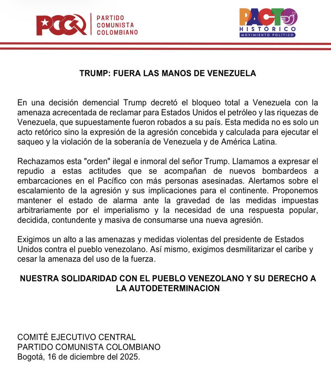 🚨Exigimos un alto a las amenazas y medidas violentas del presidente de los Estados Unidos contra el pueblo venezolano. Así mismo, exigimos desmilitarizar el caribe y cesar la amenaza del uso de la fuerza.
SOLIDARIDAD CON EL PUEBLO VENEZOLANO Y SU DERECHO A
LA AUTODETERMINACION