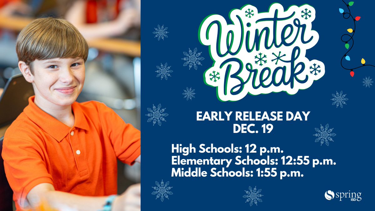 SpringISD's tweet image. Winter Break is getting close, but every school day still counts.
Thank you for supporting strong attendance and good behavior.
Early Release is Dec. 19:
• High School: 12 p.m.
• Elementary School: 12:55 p.m.
• Middle School: 1:55 p.m.
@SISD_CoA
#SpringISD