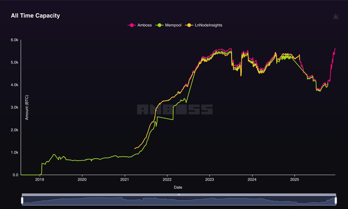 JUST IN: Bitcoin lightning network capacity hits record 5,606 BTC ⚡️