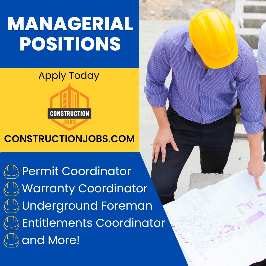 Advance your construction career with a managerial position. Now hiring in CO, UT, MO, IL, CA, FL, and more!

Don't wait and apply today at constructionjobs.com/jobs?keywords=…

#manager #constructionjobs #hiring