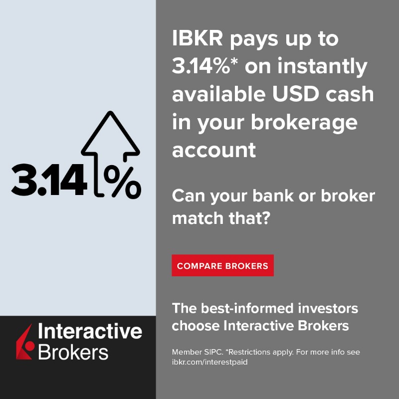 IBKR's tweet photo. What interest rate does your broker pay? Interactive Brokers’ clients earn up to 3.14% on uninvested USD cash balances.