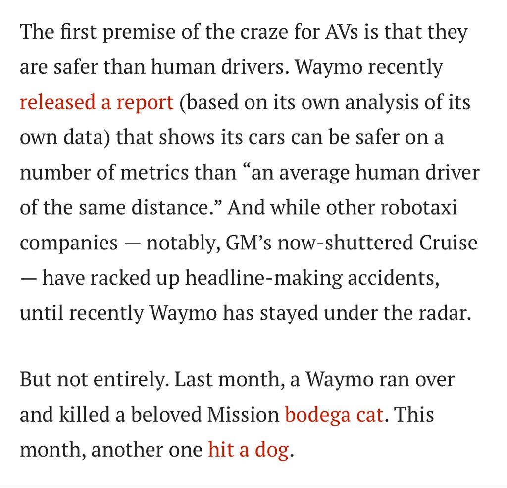 SwannMarcus89's tweet image. Is this a joke? 

“Waymo isn’t safer than human drivers because it killed two animals.” Okay, but human taxi drivers periodically kill actual people