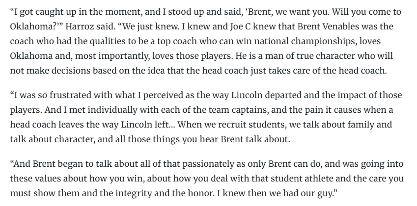 This Joe Harroz quote on why OU hired Brent Venables is a banger. 

"He is a man of true character who will not make decisions based on the idea that the head coach just takes care of the head coach."

Full story on Venables four years later: on3.com/teams/oklahoma…