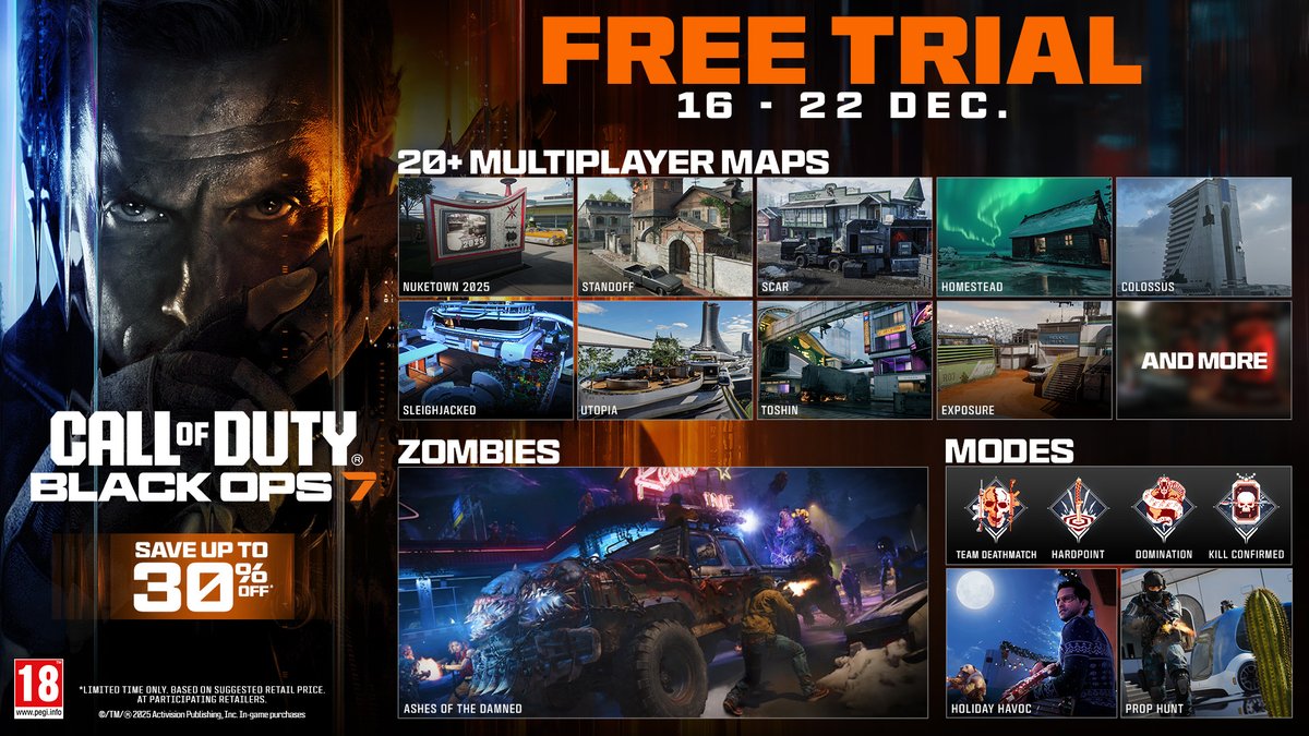 Dive into #BlackOps7 for FREE 🔥

Play 20+ Multiplayer maps, jump into Ashes of the Damned in Zombies, and try select modes during the Free Trial until Dec 22 😤