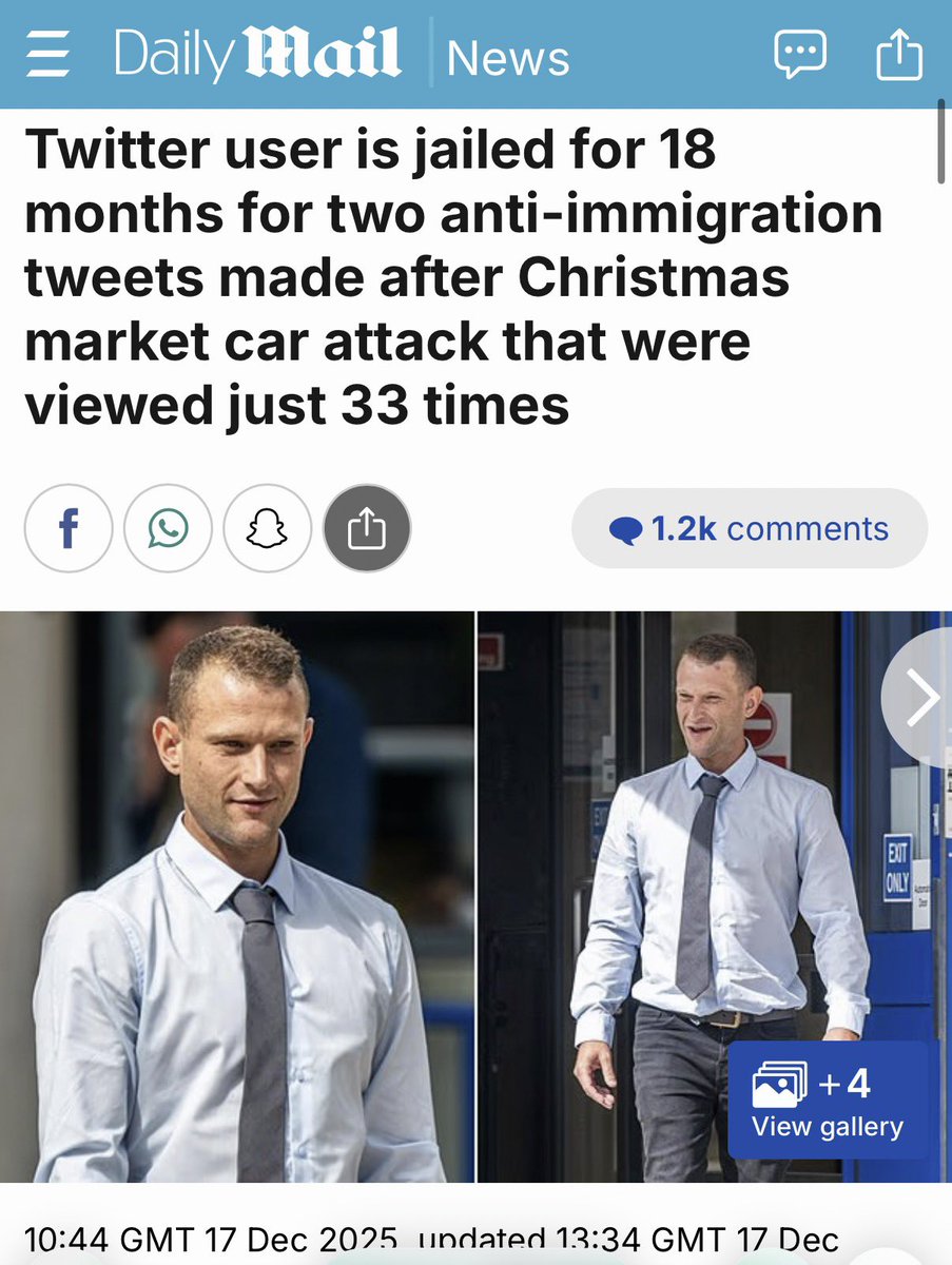 A man in Britain has been jailed for posting two anti-immigration posts on X in response to a Christmas market car attack. Barely anyone even saw his posts, not that it should matter. He got 18 months in jail.

@ElonMusk please help this man.