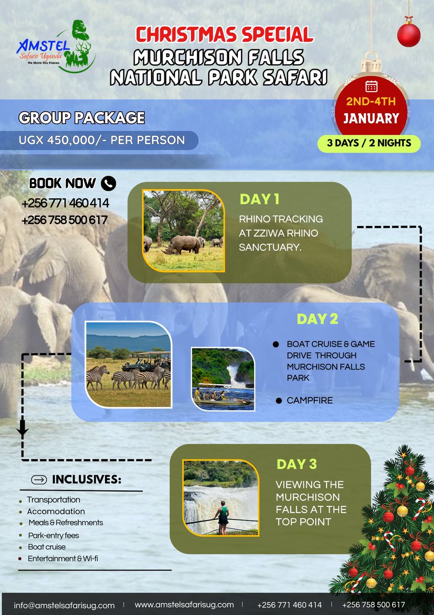 amstelsafarisug's tweet photo. Kicking off 2026 with a New Year safari in Murchison Falls National Park. Sunrise game drives, the roar of the falls, and a fresh start in the wild. Planning to join the trip?
Book early and lock in your spot before spaces fill.
#MurchisonFalls #SafariSeason #TravelX #AdventureUG https://t.co/1g63ymdJep