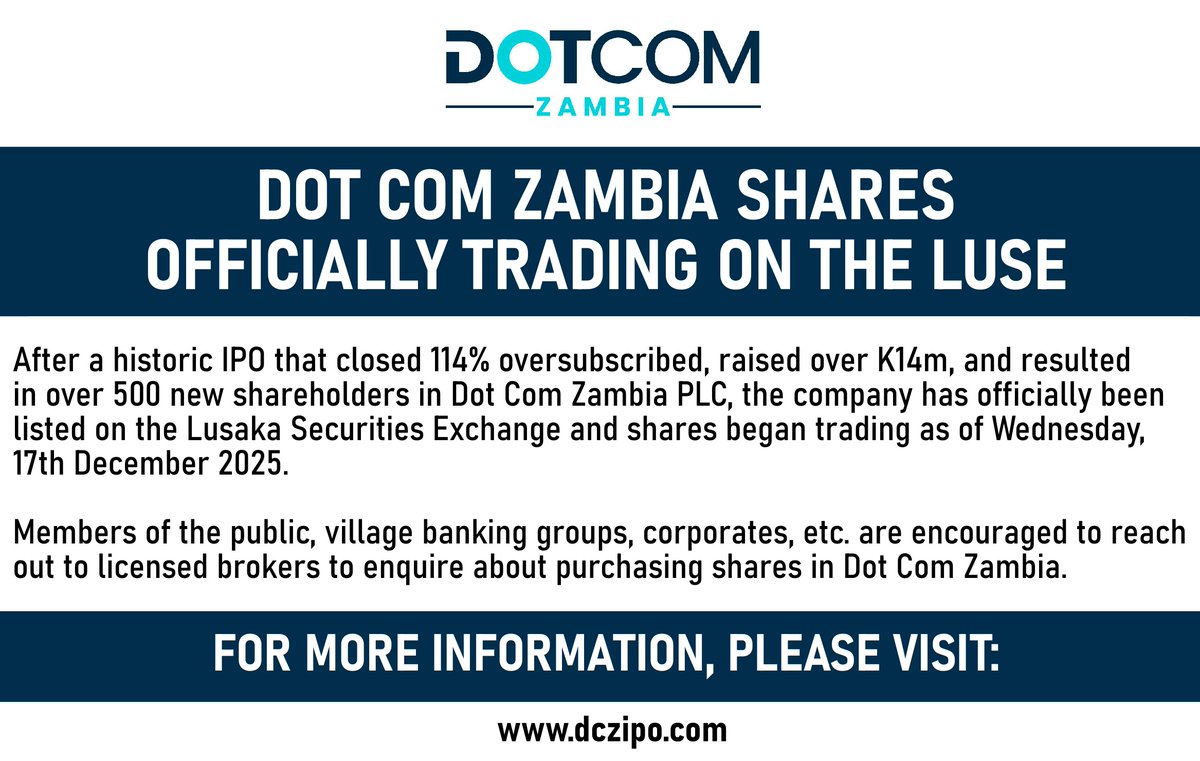 dotcomzambia's tweet photo. We’re officially live on the LuSE!

Dot Com Zambia shares are now trading, following a landmark IPO that welcomed over 500 new shareholders into Zambia’s first tech listing.

The milestone was historic.
The opportunity continues.
📞 Contact your licensed broker today
🌐 https://t.co/PFw4U4Md2s