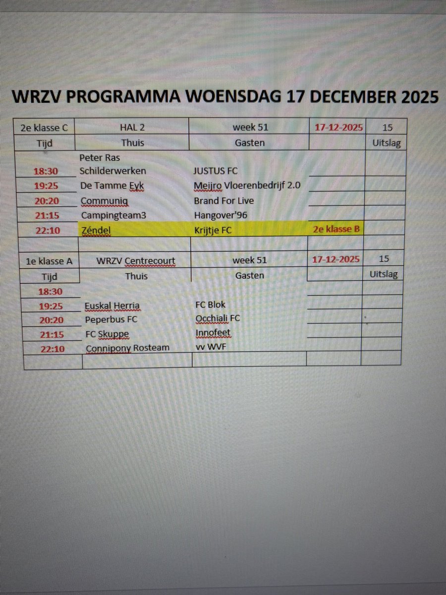 Voor vanavond staan de volgende wedstrijden geprogrammeerd in de WRZV zaalvoetbalcompetitie. Aanvang 18.30 uur. U bent van harte welkom!