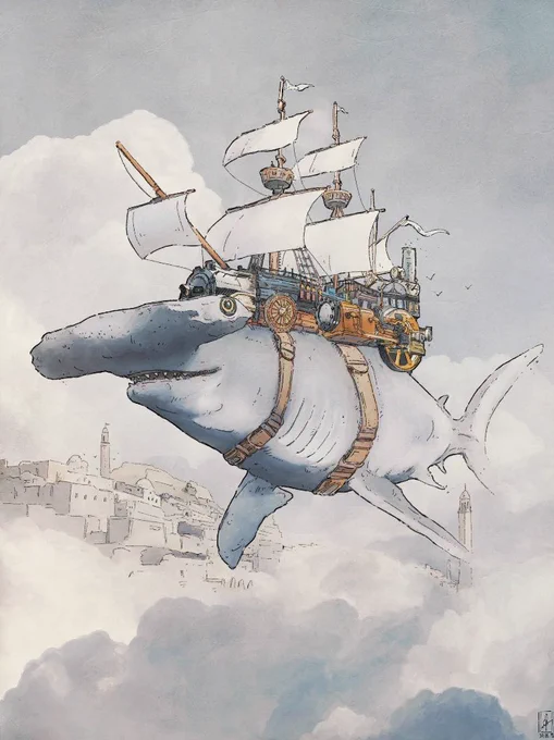 #fish and #ships in the #sky , I'll be back to it during the holiday break! #illustration