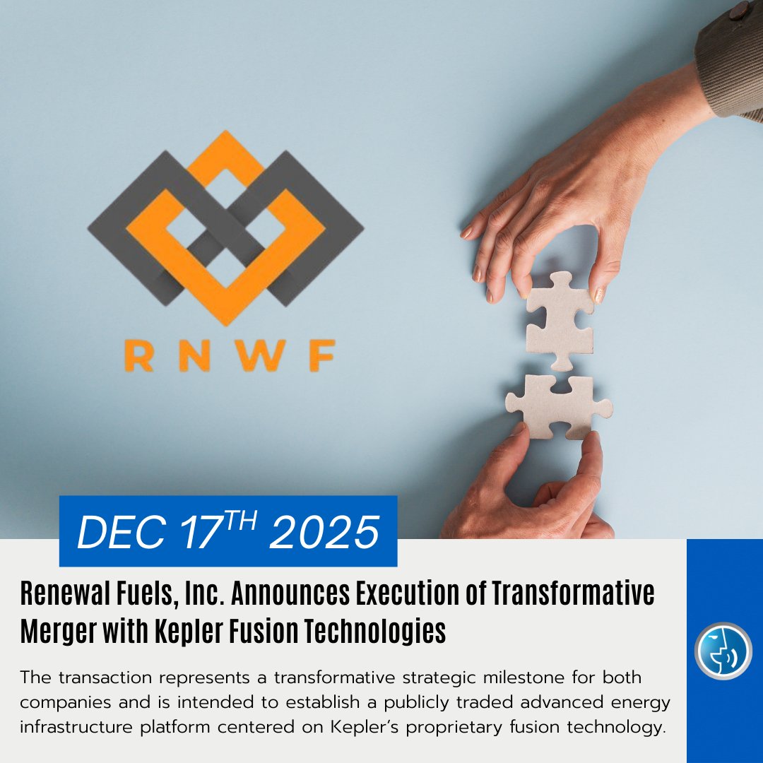 $RNWF announces a definitive merger with Kepler Fusion, pivoting to advanced energy infrastructure and a planned rebrand to American Fusion. Kepler’s Texatron targets data centers and industrial PPA revenue, with an IP valuation expected >$300M.  globenewswire.com/news-release/2…