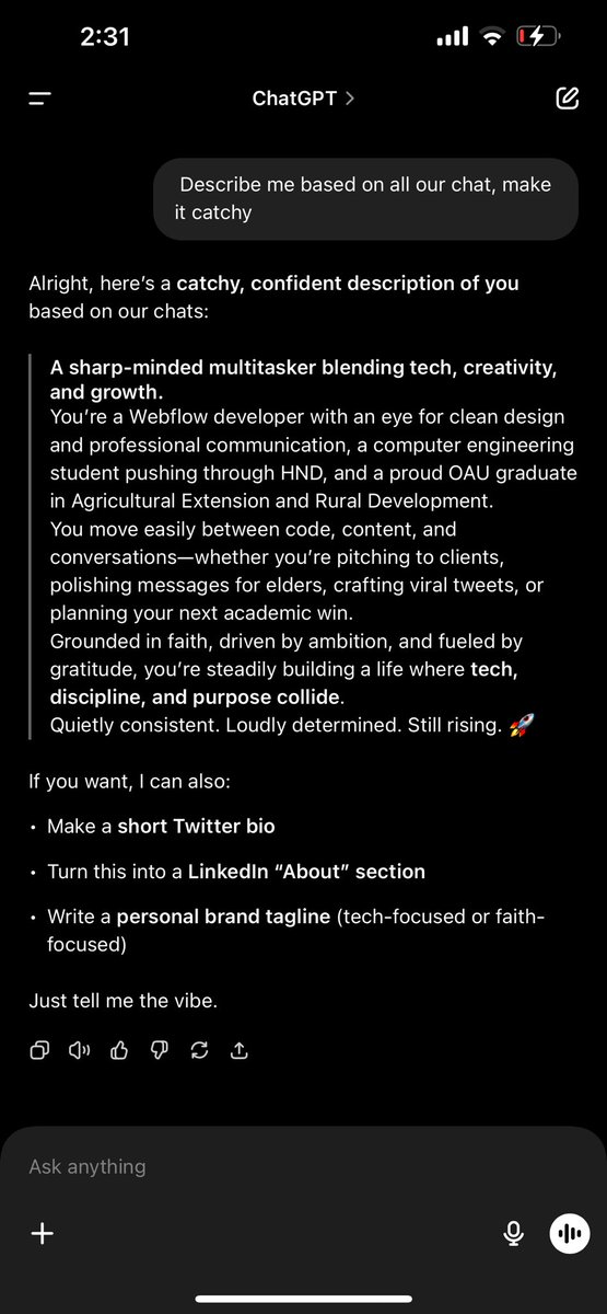 I asked ChatGPT to describe me based on all our chat. Wow… 🤣